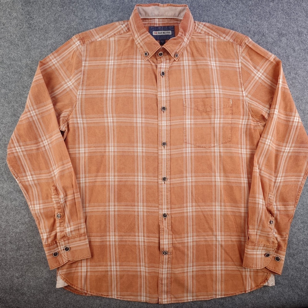 32 Bar Blues Shirt‎ Mens Medium Orange Plaid Long Sleeve Button Down Cotton